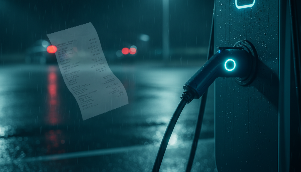 EV-laadstekker in moderne laadpaal, met ghost overlay van factuur — symbool voor verborgen laadkosten